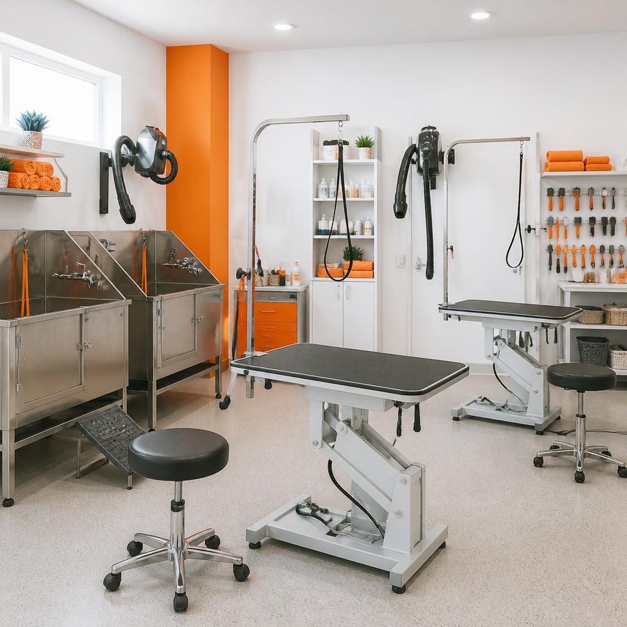 Grooming room with tubs and tables