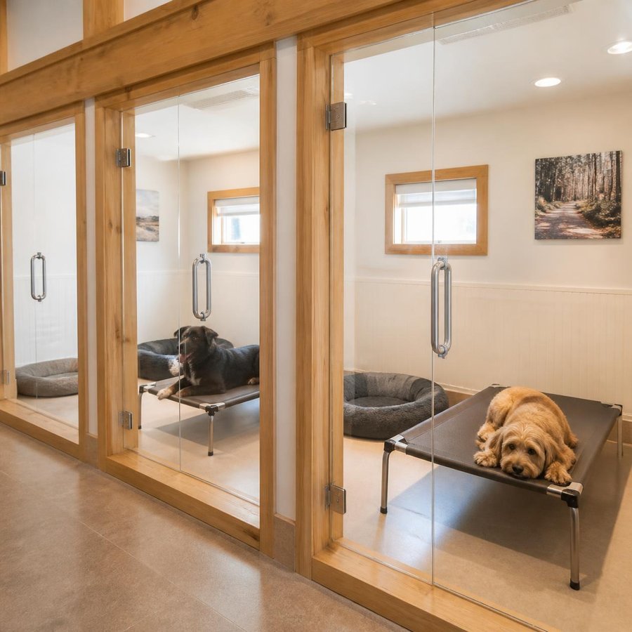 Row of cage-free boarding suites with beds