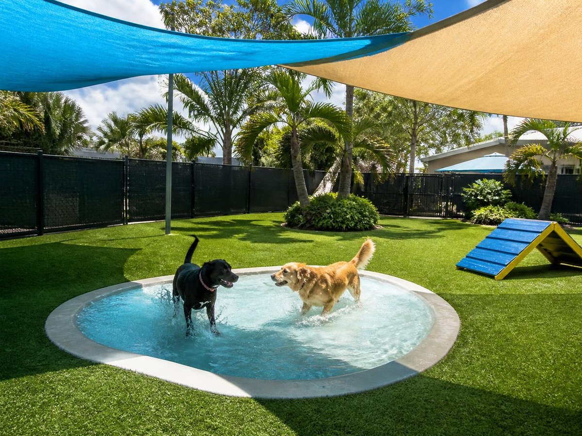 Shaded outdoor turf yard with splash pool