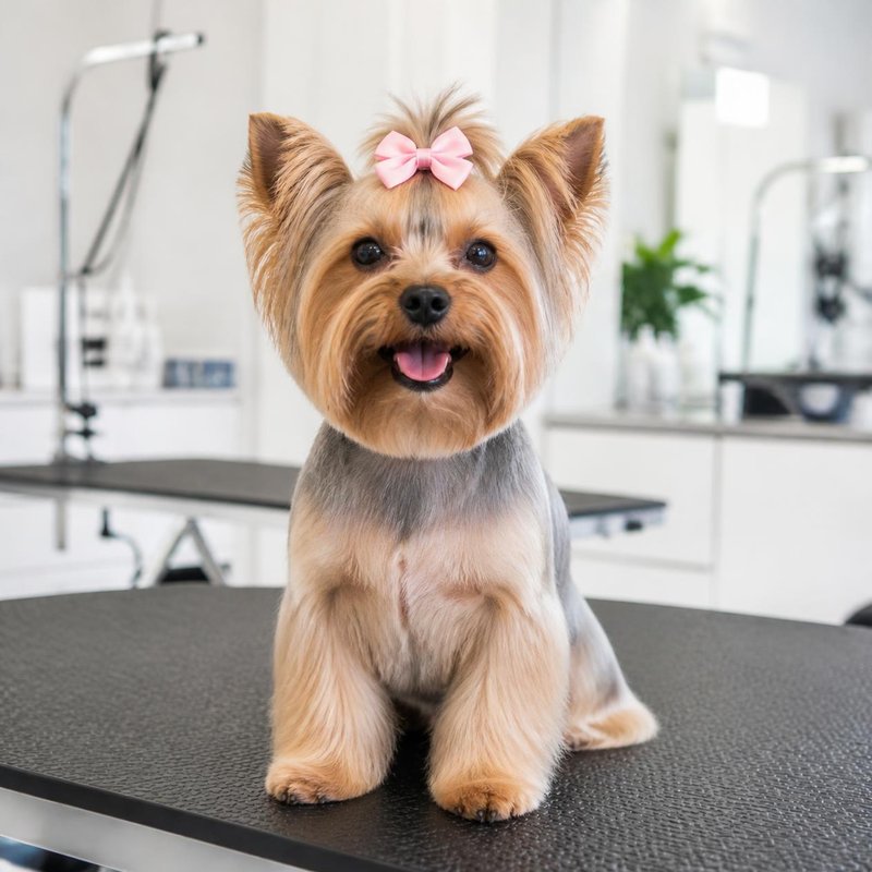Yorkie, puppy cut, after