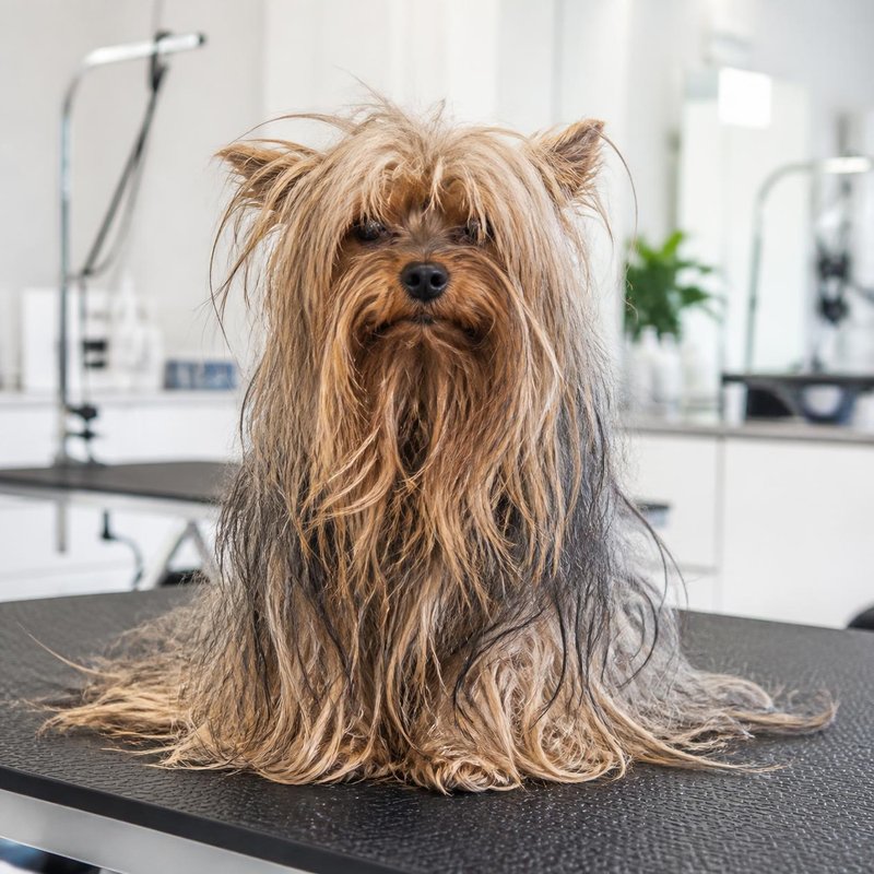 Yorkie, puppy cut, before