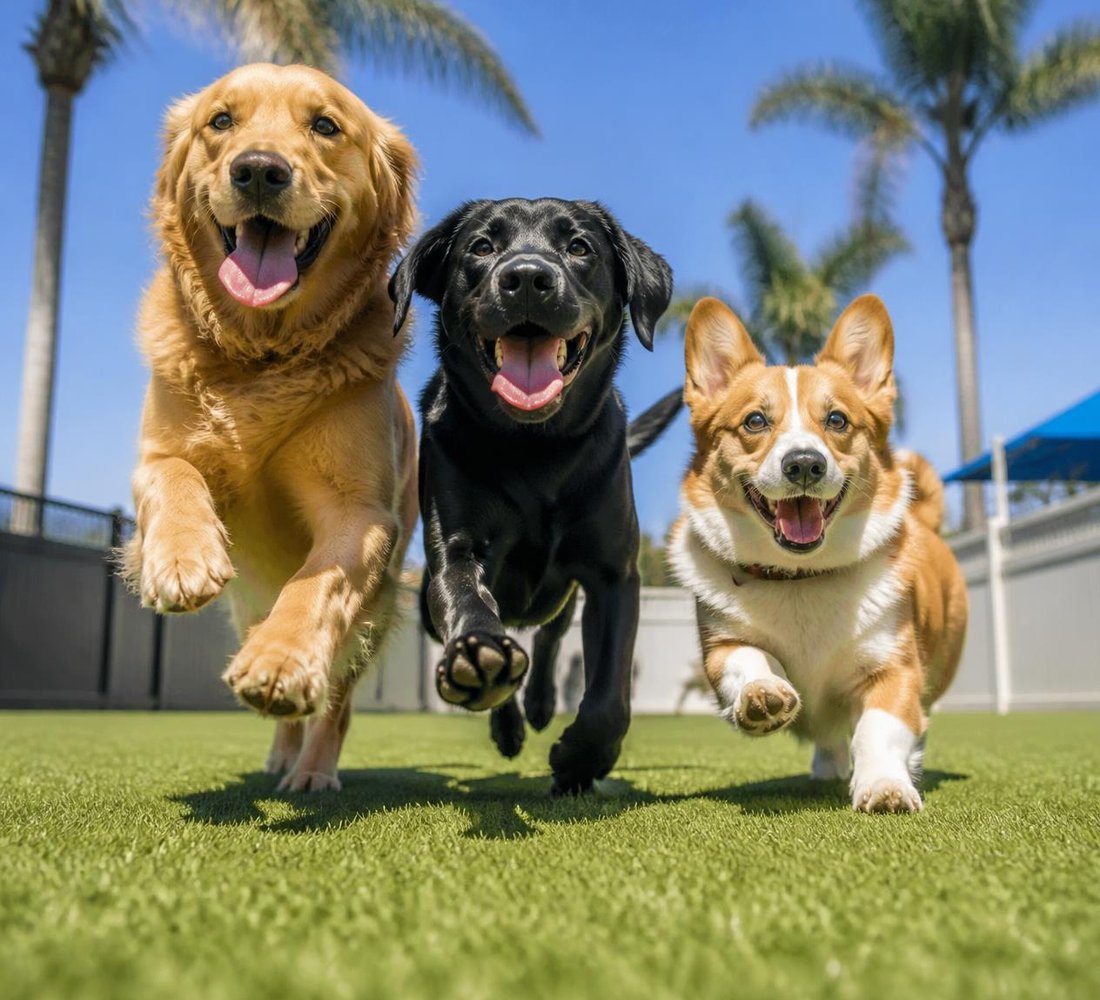 Happy dogs playing together in a sunny turf yard